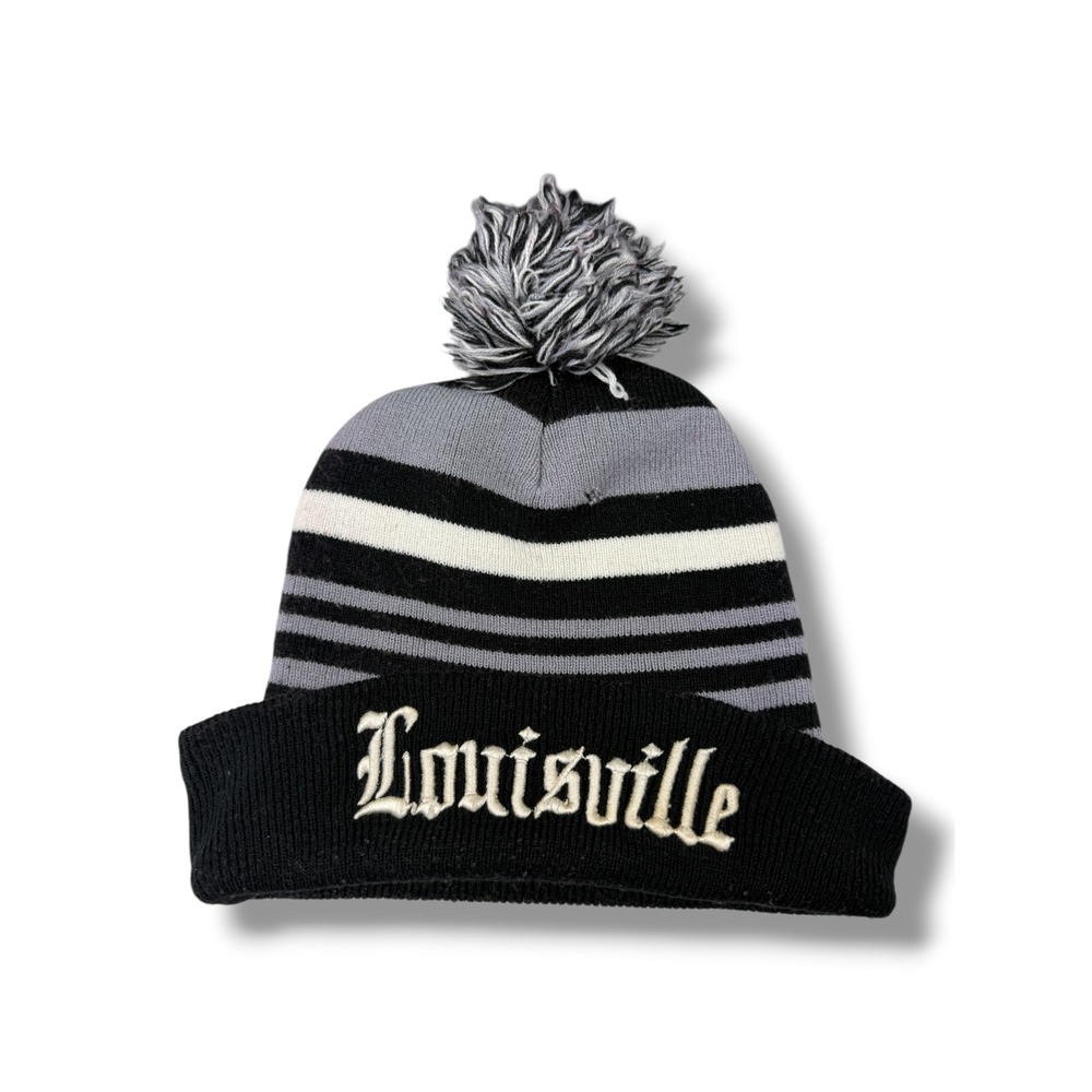 Louisville Cardinals Knit Pom Beanie Hat Striped Black Grey White Cuffed Flawed